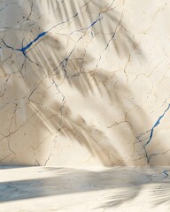 Wall Mural - beige marble wall with blue cracks, soft light and shadow, creating an abstract background for product display