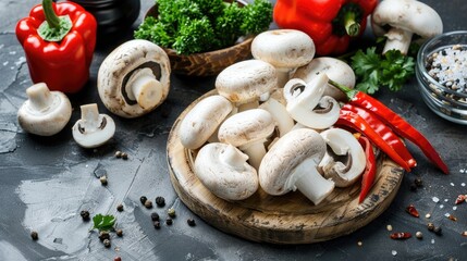 Wall Mural - Cooking fresh ingredients with white mushrooms and pepper on a grey background