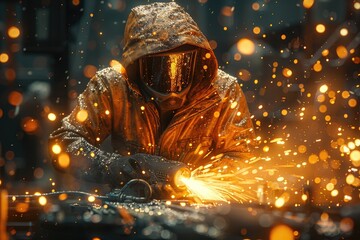 Worker in a factory using a grinder, sparks and metal in a dynamic industrial setting