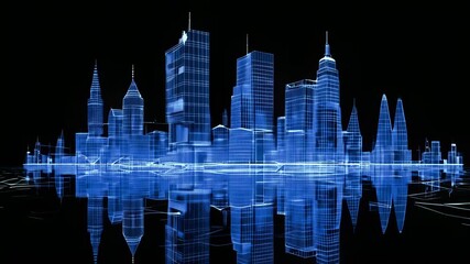 Poster - Building and raising buildings. Wire frame blue silhouettes of growing cities with connected lights represent the construction process. Black dark background with water reflection. .