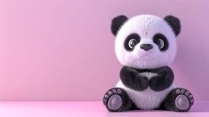 Canvas Print - Cute, fluffy panda bear sitting on a pink background.