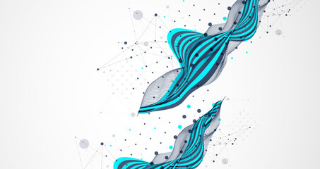 Wall Mural - Abstract wavy background with cyan lines and wireframe wave. Hand drawn vector.