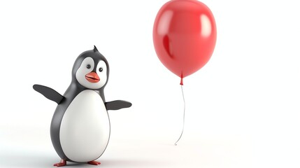 Canvas Print - A cartoon penguin stands next to a red balloon on a white background.