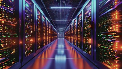 Poster - Rendering of fly-through rack servers in a data center. Digital of global big data.