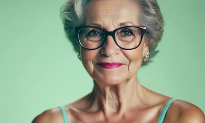 Wall Mural - Portrait of senior woman with eyeglasses on green background.