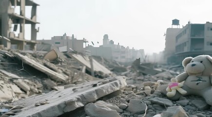 soft toy on debris pile, crumbled buildings afar