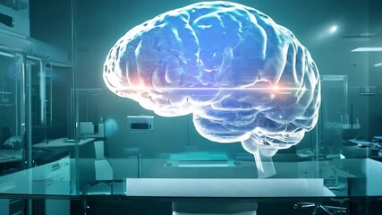 Poster - A hologram of a human brain is prominently featured in a modern laboratory, illustrating cutting-edge neuroscience research in motion.