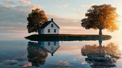 Sticker - Tranquil island cottage with trees reflecting in calm water at sunset