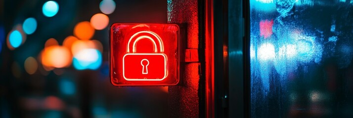 Poster - A red neon lock sign illuminates a city street at night, symbolizing security, protection, safety, and access control in an urban environment.