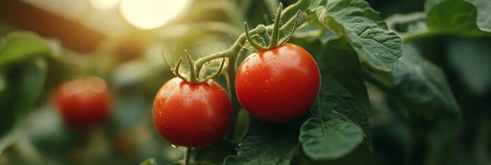 Two plump red tomatoes hang on a vine, bathed in warm sunlight. The green leaves create a lush backdrop, symbolizing the growth, freshness