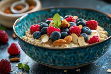 A bowl of oatmeal topped with almonds and berries, a nutritious and delicious start to the day