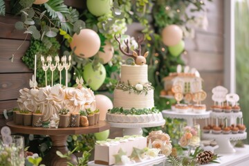 A rustic-themed dessert table featuring a variety of decorative pastries, cakes, and sweets surrounded by greenery and nature-inspired decor, ready for a special event.