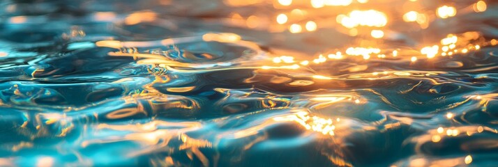 Poster - A close-up of rippling water with golden sunlight reflecting on the surface, symbolizing tranquility, peace, summer, relaxation, and nature.