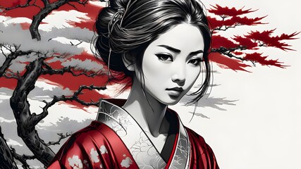 Poster of a woman in Japanese style with red and black ink