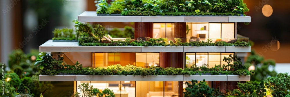 A model of a modern apartment building with green roofs, representing ...