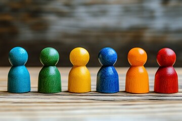 colorful wooden pawns in a row, economic diversity and inclusion concept