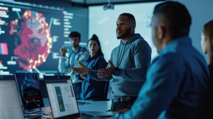 Software developers from diverse backgrounds gather in a monitoring room with digital screens for a meeting led by the project manager