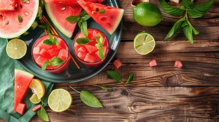 Top view of a plate of fresh sweet ripe watermelon slices on wooden table