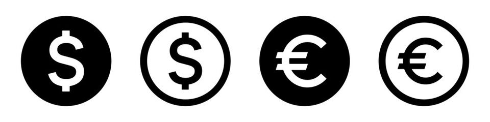 Wall Mural - Dollar and Euro icon set. Internet money, currency, earnings, bank, wallet, payment, coin - stock vector.