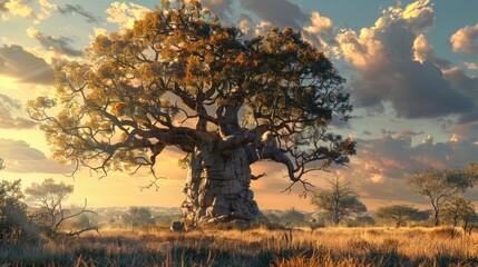 A massive and ancient Baobab tree stands proud in the late afternoon light These giants of the bush can reach great age and prefer hotter drier climates