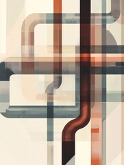 Poster - A minimalist abstract design featuring overlapping geometric shapes in shades of brown and blue, creating a sense of depth and movement. It symbolizes modernism, geometric art, urban design