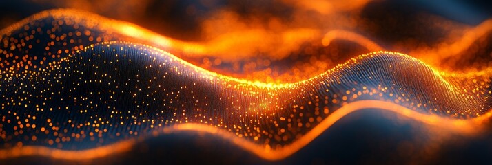Poster - A close-up abstract image of a digital wave with glowing orange particles, symbolizing technology, innovation, growth, energy, and connectivity.