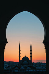 Mosque Sunset Islamic Frame, Vertical Image for Social Media Story, Ramadan or Islamic Concept Wallpaper, Majestic Sunset Over Mosque, High-Resolution Islamic Architecture, Spiritual