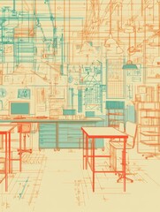 Poster - a minimalist office space with a desk and chairs, set against a backdrop of overlapping blueprint pa