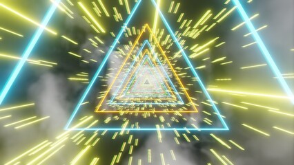 Poster - Futuristic Neon Triangular Tunnel with Speeding Light Streaks..