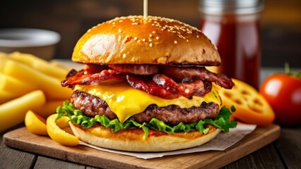 Wall Mural -  Deliciously stacked burger with bacon and cheese ready to be savored