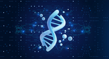 Leinwandbilder - 3D illustration of a DNA strand with digital circuit elements on a dark blue background, symbolizing biotechnology and genetic engineering.  Science and tech. Vector illustration