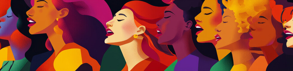 A vibrant illustration of six women singing together, symbolizing unity, diversity, empowerment, music, and expression.