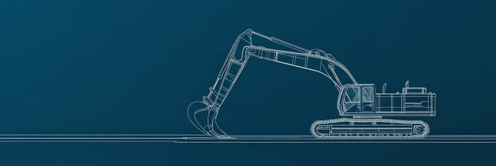 Poster - a wireframe illustration of an excavator on a blue background, symbolizing construction, engineering