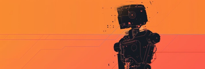 Poster - A black silhouette of a futuristic robot stands against a vibrant orange gradient background, symbolizing innovation, technology, artificial intelligence, the future, and progress.
