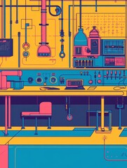 Poster - A futuristic laboratory interior featuring a workbench, equipment, and colorful geometric shapes, symbolizing innovation, technology, science, research, and experimentation.