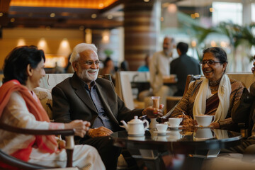 Indian Senior friends relaxing in a hotel lobby, enjoying tea and conversation