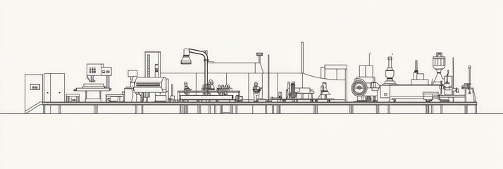 Poster - a detailed illustration depicting an industrial manufacturing line, showcasing automation, machinery