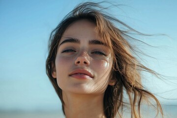 Wall Mural - A woman with long brown hair and a tan complexion is