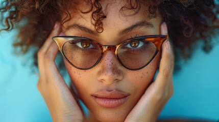 A close-up portrait of a woman with curly hair wearing fashionable tortoiseshell glasses, highlighting her freckles and trendy style, conveying intelligence and confidence.