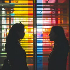 Two Silhouettes of Women Facing Each Other Through Colorful Glass