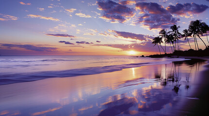 Wall Mural - photograph, serene tropical beach at sunset with warm hues in the sky reflecting on calm waters