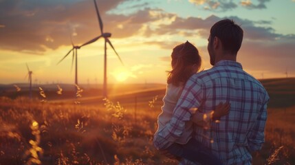 Canvas Print - Father and Daughter Witnessing a Beautiful Sunset with Wind Turbines in the Background