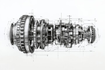 Wall Mural - Simple sketch of a cross-section of a wind turbine gearbox, [Gearbox], [Mechanical Equipment], No logo, No Trademark, No text, minimal concept with copy space for stock photo