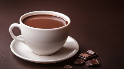 A luxurious dark chocolate mocha in a white ceramic cup, with a deep chocolate brown background to match the drink