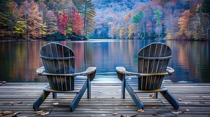 Sticker - A peaceful lakeside scene with two wooden chairs on the dock