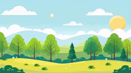natural landscape background. cute flat design with trees landscape illustration