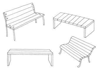 Fototapete - Bench set graphic black white isolated sketch illustration vector