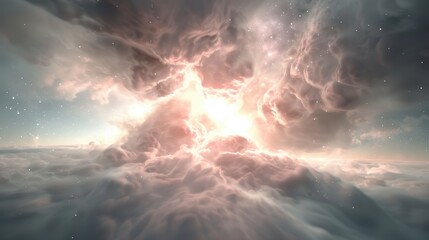 Wall Mural - A bright light is shining through a cloud of white and pink clouds