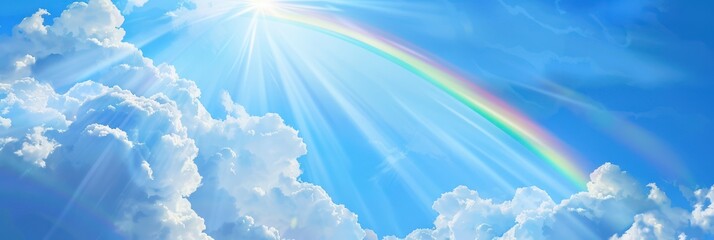beautiful rainbow arching across a bright blue sky with fluffy white clouds and shining sun. concept