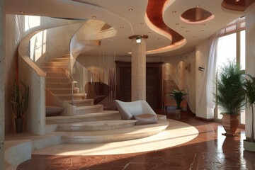 Wall Mural - A stylish house hall with a curved staircase and a unique ceiling design